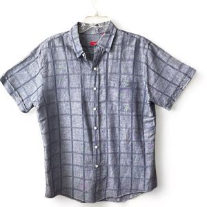 IZOD Seaside Mens Shirt Linen/Cotton Short Sl Button Down Blue Windowpan…